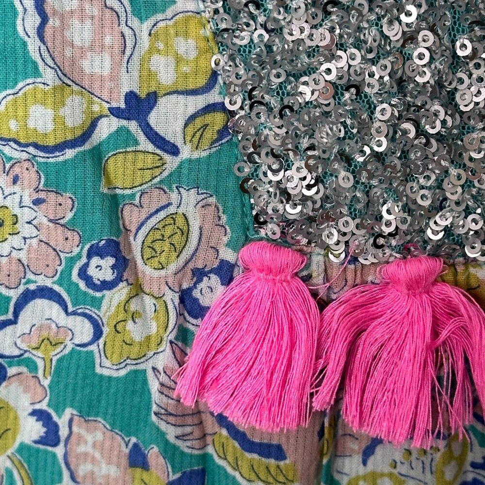 EUC Mini Boden size 6/7 Teal Floral Dress with Silver Sequin and Pink Tassels - Picture 3 of 8